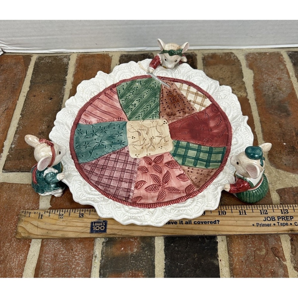 Vintage 1992 Fitz & Floyd Holiday Patchwork Quilt Plate Christmas Mice Farmhouse